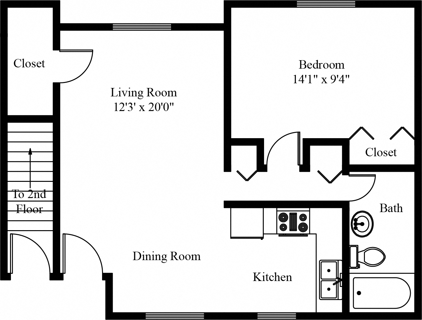 Floor plan for 1 bed, 1 bath, 662 sqft